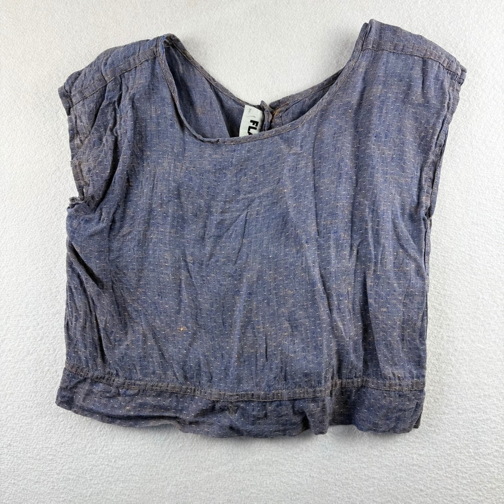 Flax Women Blue 100% Linen Dotted Button Back Sleeveless Cropped Top Small